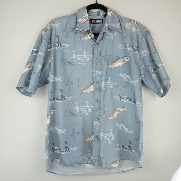 Reel Legends Light‎ Blue Fish Short Sleeve Button Up Shirt Size Medium - Picture 1 of 7